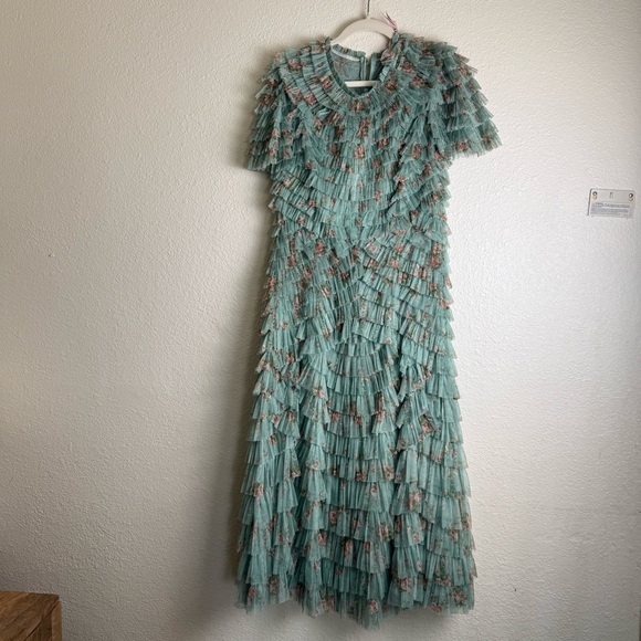 Mac Duggal 8014 Ruffle Tiered Short Sleeve A-Line Dress NWT Sage Multi - Picture 11 of 16